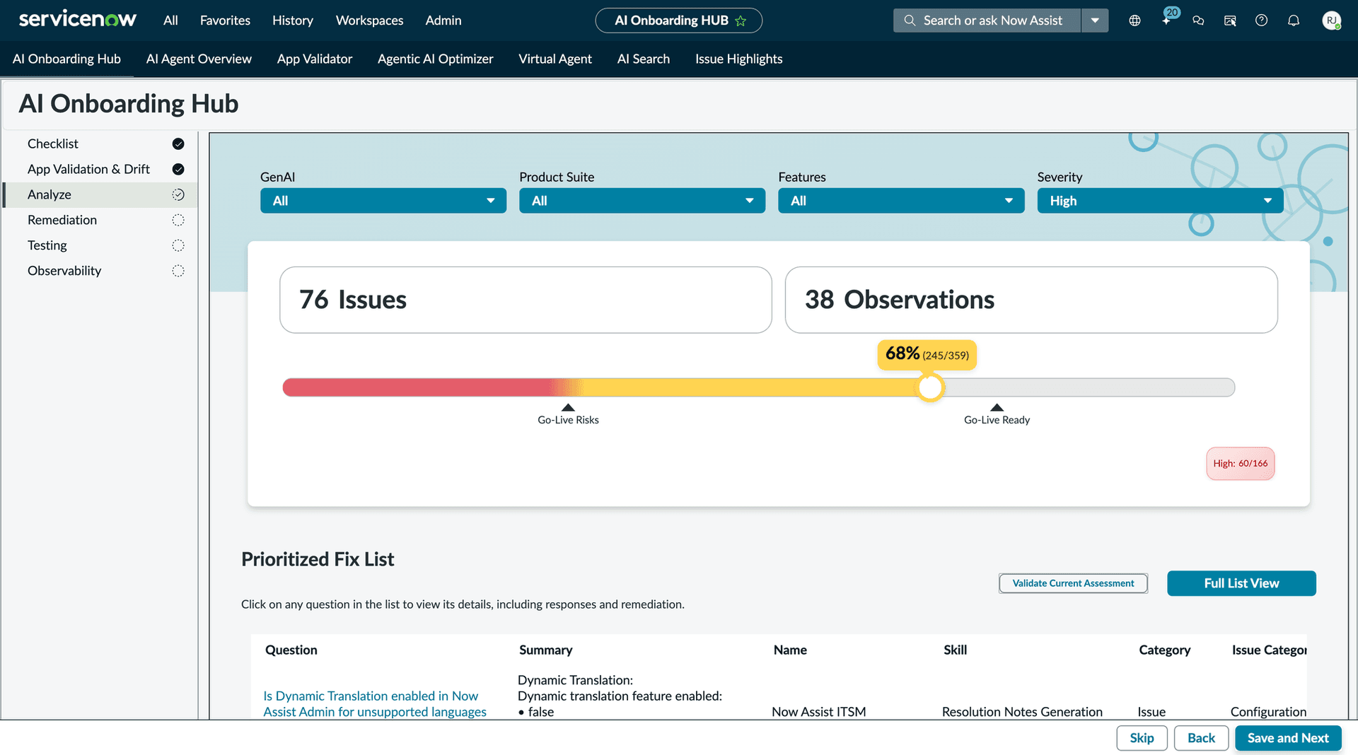 AI Onboarding Hub Analyze dashboard showing 76 issues, 38 observations, and a 68% go-live readiness score