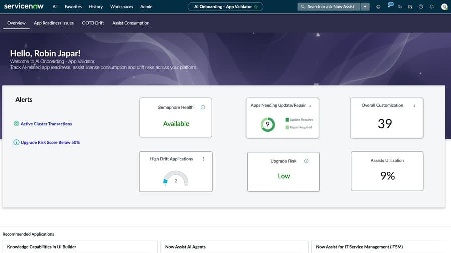 AI Onboarding App Validator overview showing semaphore health, apps needing update/repair, overall customization, high drift applications, upgrade risk, and assists utilization