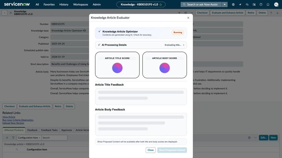 Knowledge Article Evaluator dialog showing article title and body scores generated by AI