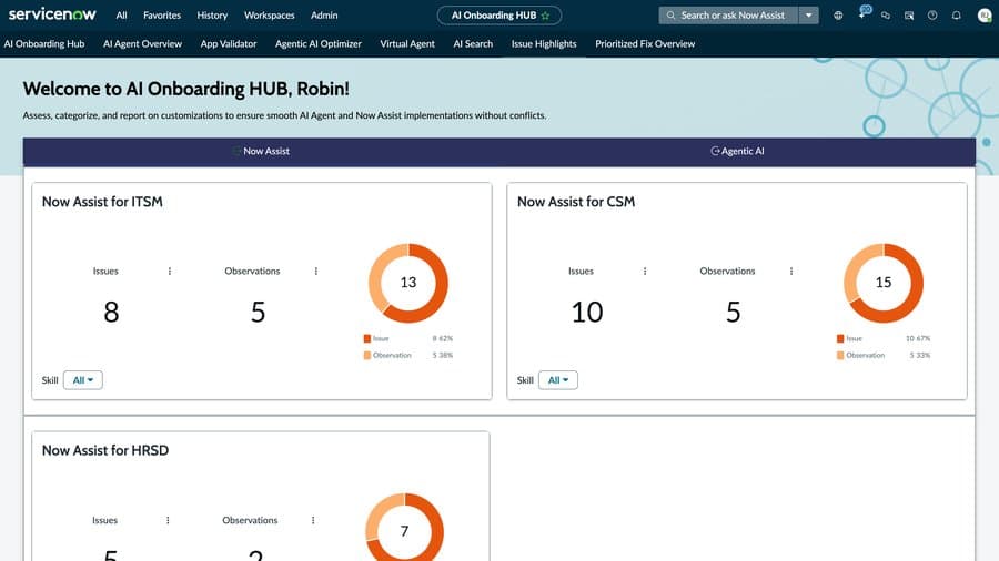 AI Onboarding Hub dashboard showing Now Assist issue highlights for ITSM, CSM, and HRSD