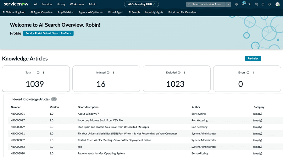 AI Search overview showing indexed knowledge articles, indexed, excluded, and errors counts