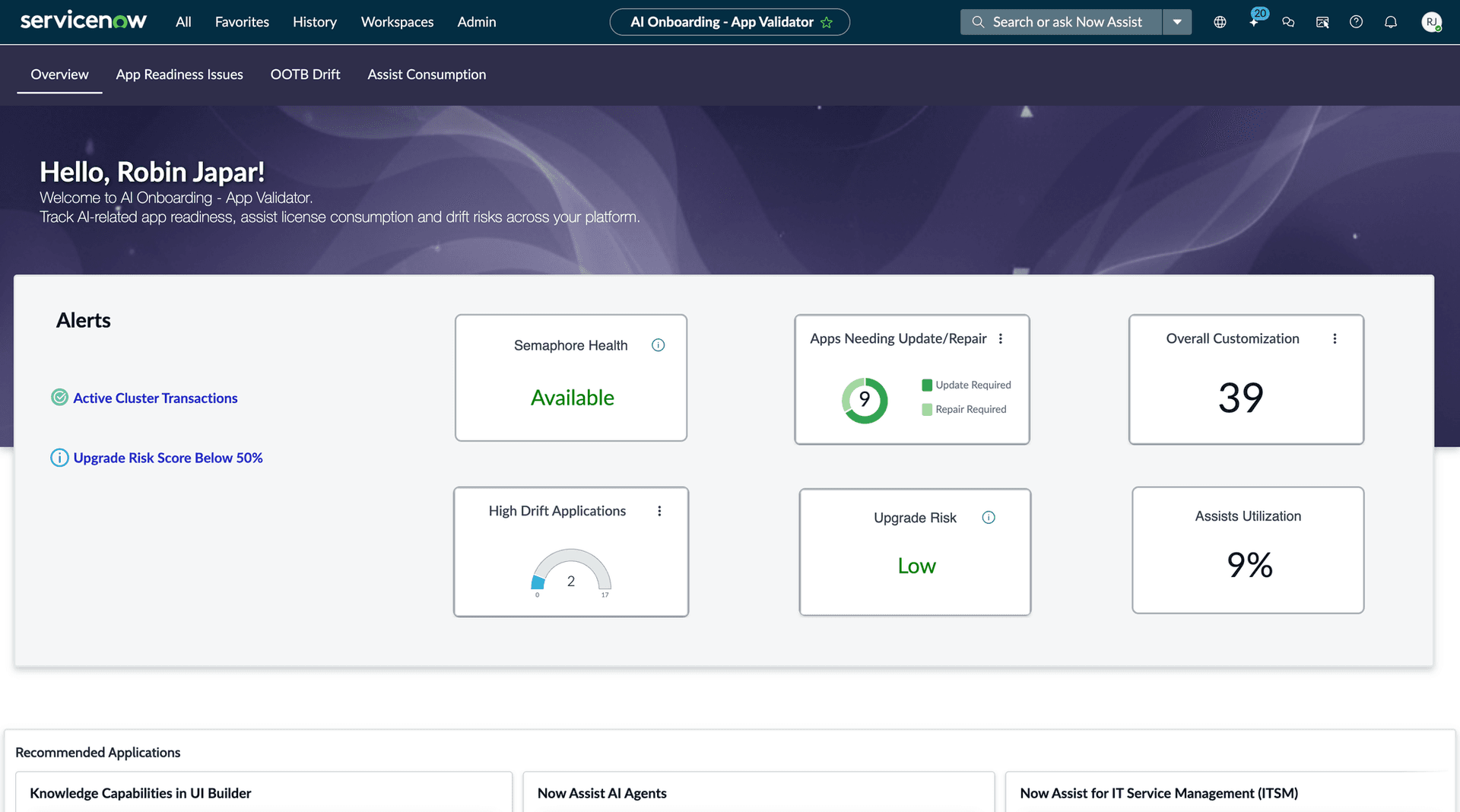 AI Onboarding App Validator overview showing semaphore health, apps needing update/repair, overall customization, high drift applications, upgrade risk, and assists utilization