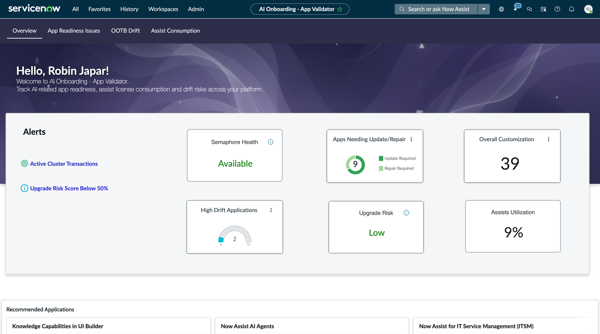 AI Onboarding App Validator overview showing semaphore health, apps needing update/repair, overall customization, high drift applications, upgrade risk, and assists utilization